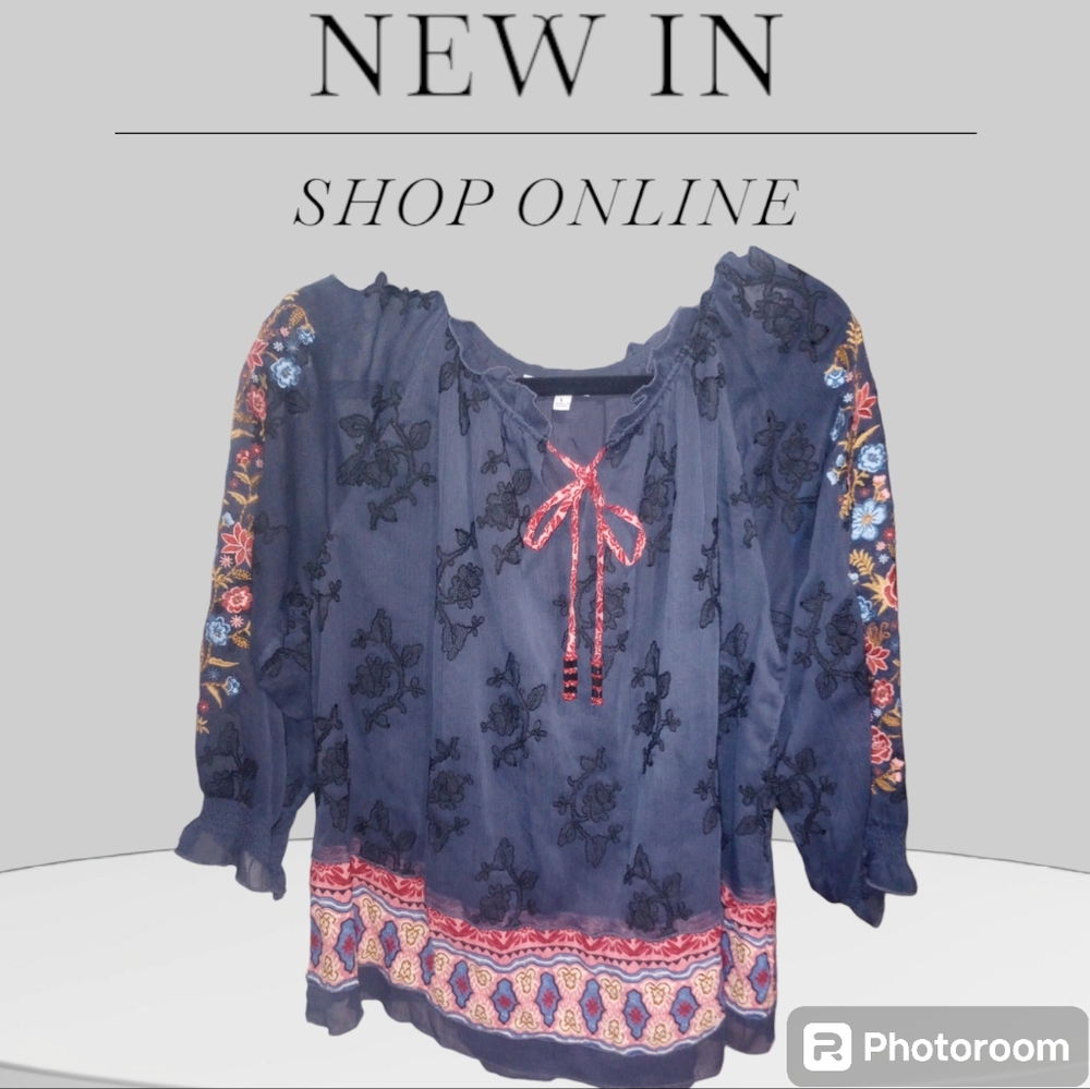 COPY - John Mark Blue and Pink Ruffled Tie Front Blouse